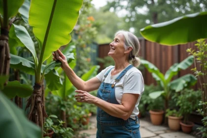 Femme en jardinage s'occupe d'une banane en pleine nature