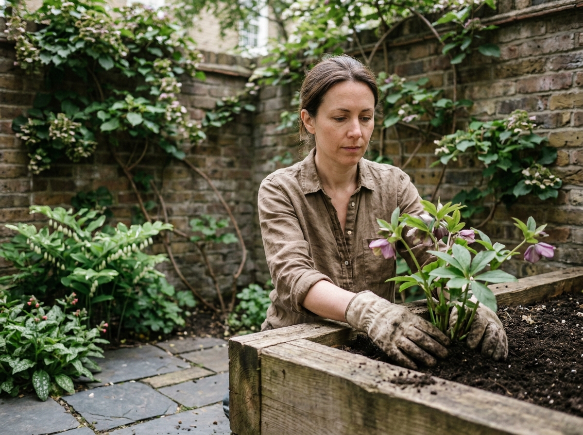 Femme jardinant dans une cour ombragée en brique, plantation d'hellébores dans un bac en bois sur une terrasse nord peu ensoleillée