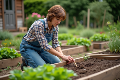 Femme en jardinage dessinant formes dans le sol