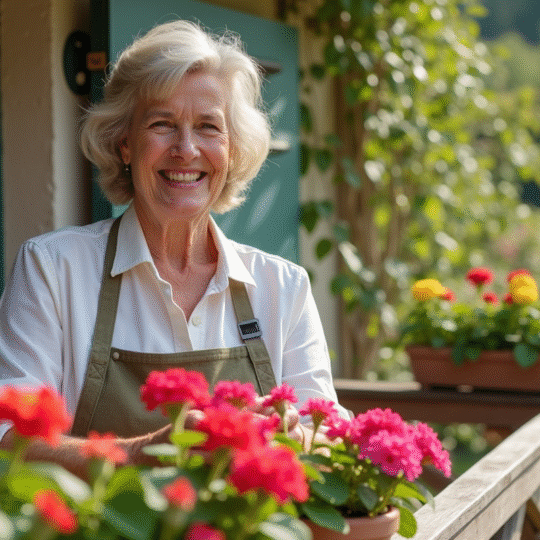 Femme souriante arrangeant des géraniums en fenêtre