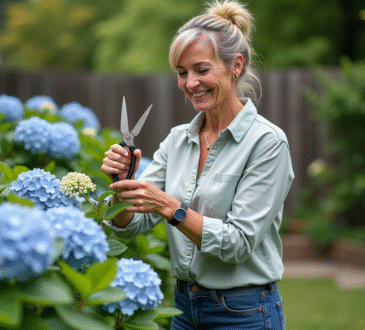 Femme jardinant avec des hortensias dans un jardin