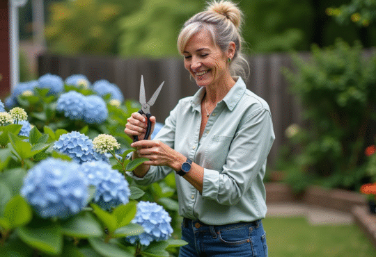 Femme jardinant avec des hortensias dans un jardin