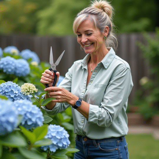 Femme jardinant avec des hortensias dans un jardin