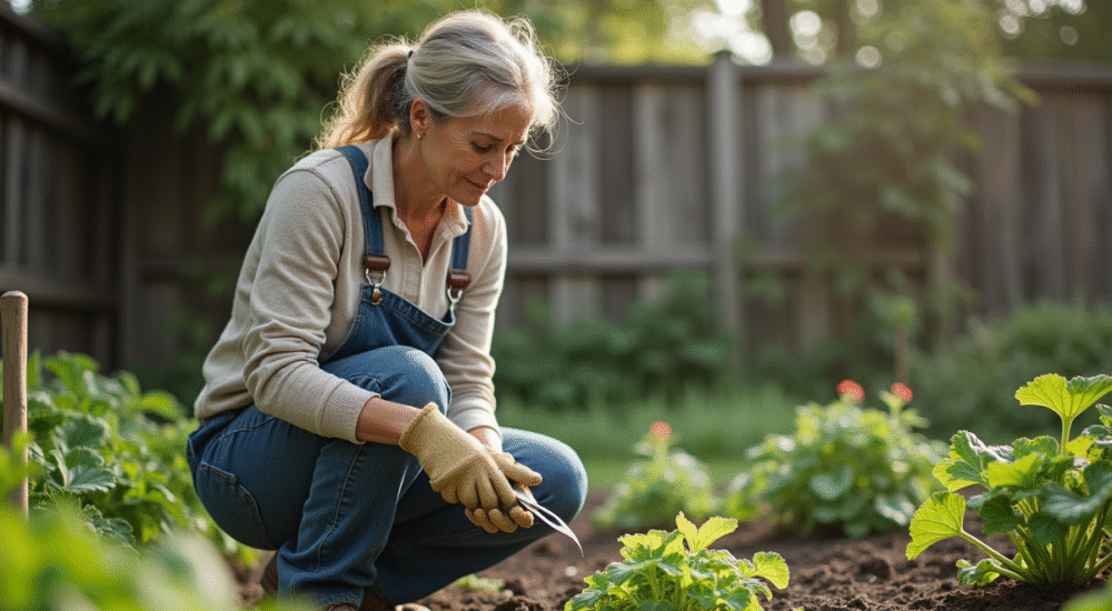 Femme en vêtements de jardinage près du potager