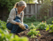 Femme en vêtements de jardinage près du potager