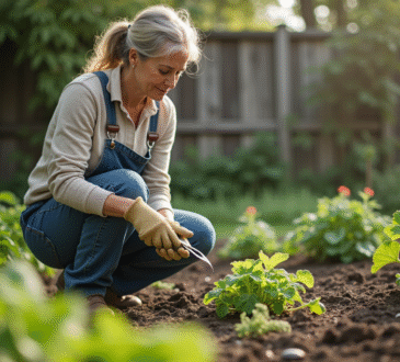 Femme en vêtements de jardinage près du potager