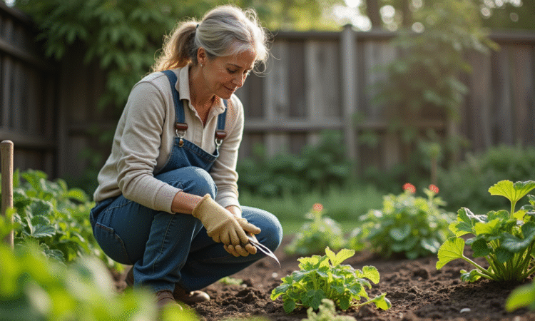Femme en vêtements de jardinage près du potager