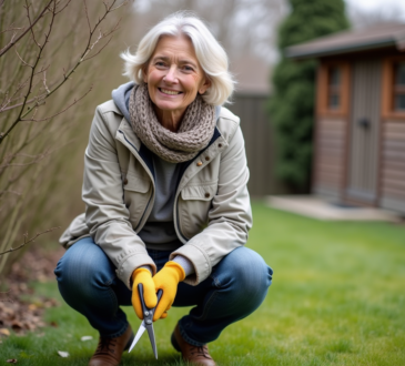 Femme d'âge moyen prune des arbustes au printemps
