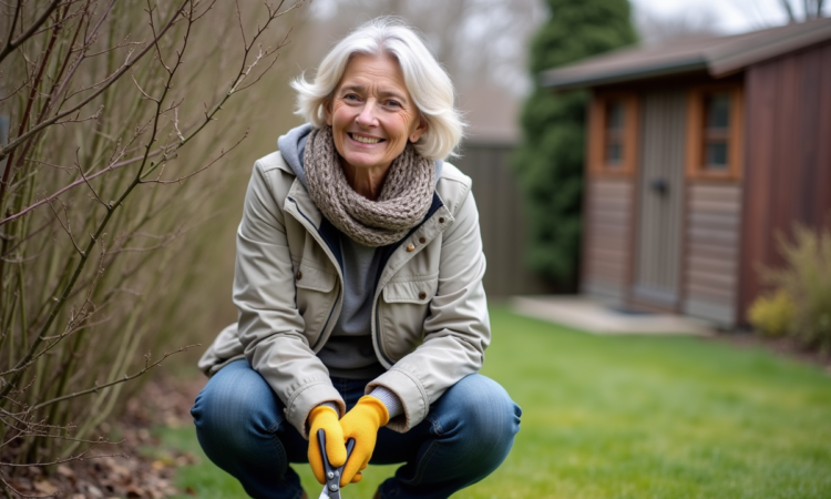 Femme d'âge moyen prune des arbustes au printemps