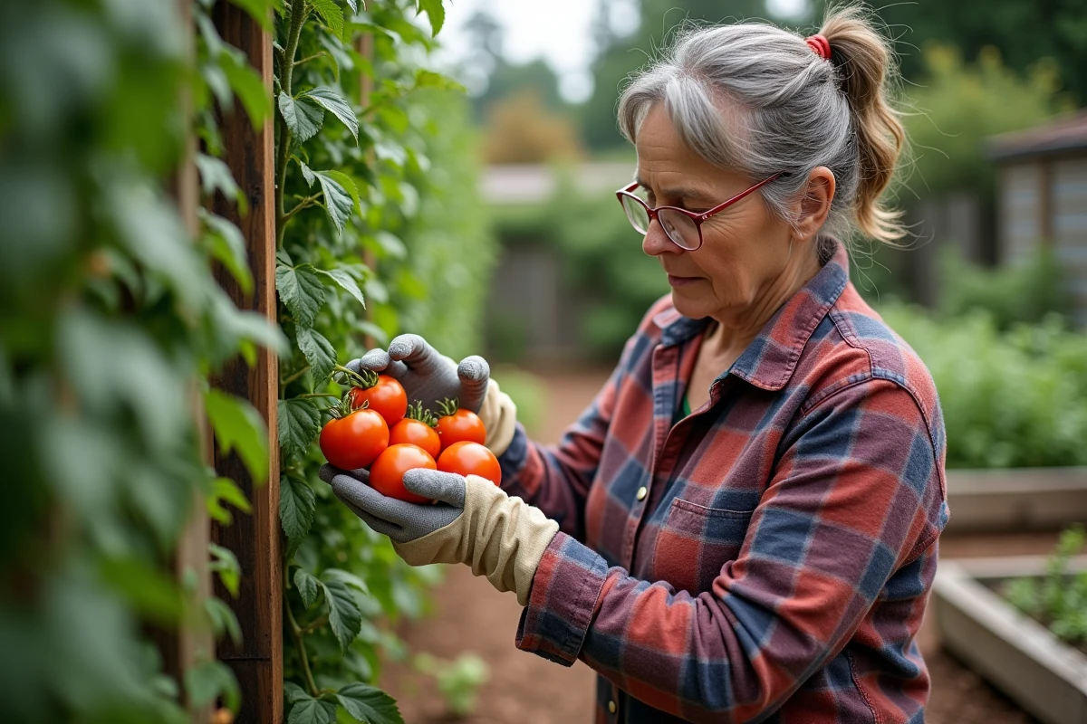 Femme examine des tomates mûres dans son jardin
