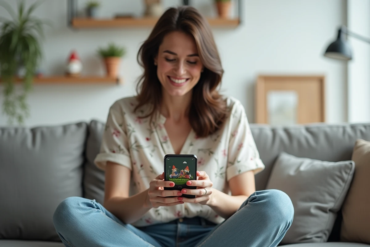 Femme souriante jouant au jeu du nain de jardin sur smartphone dans un salon moderne