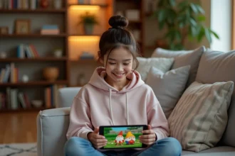 Jeune femme jouant à un jeu de nain de jardin en ligne sur tablette dans son salon