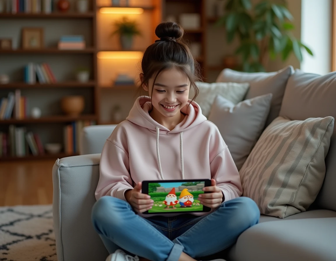 Jeune femme jouant à un jeu de nain de jardin en ligne sur tablette dans son salon