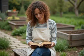 Femme jardinière lisant un livre de permaculture dans un potager au printemps, avec des notes manuscrites sur les pages
