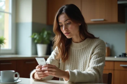 Femme lisant une boîte de médicaments dans la cuisine