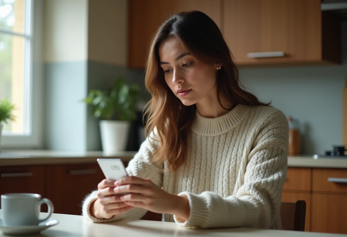 Femme lisant une boîte de médicaments dans la cuisine