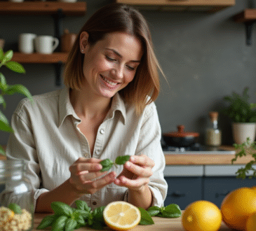 Femme ruban des feuilles de lemongrass dans la cuisine