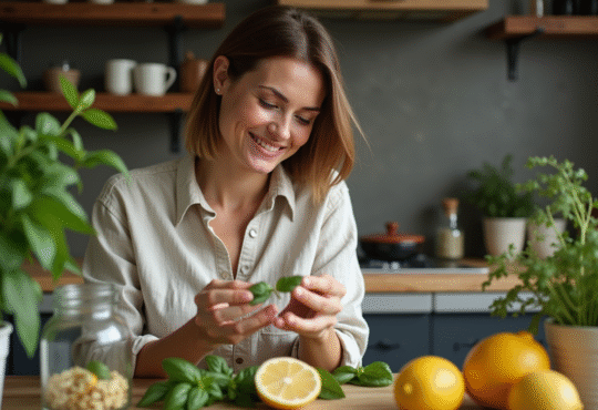 Femme ruban des feuilles de lemongrass dans la cuisine