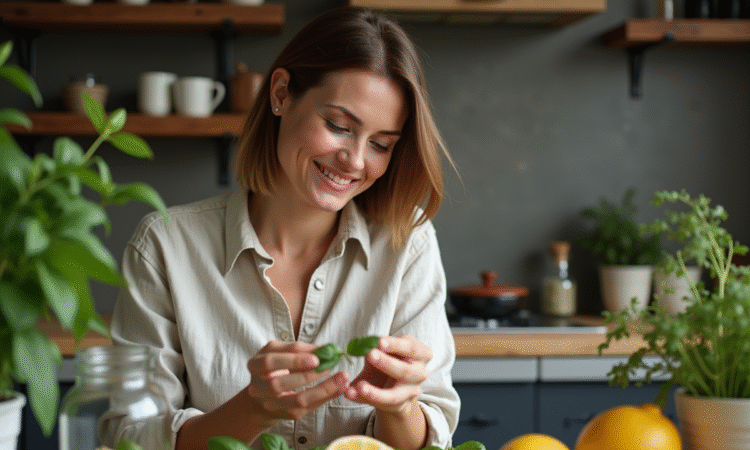 Femme ruban des feuilles de lemongrass dans la cuisine
