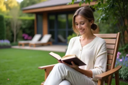 Femme lisant dans un jardin paisible et ensoleille