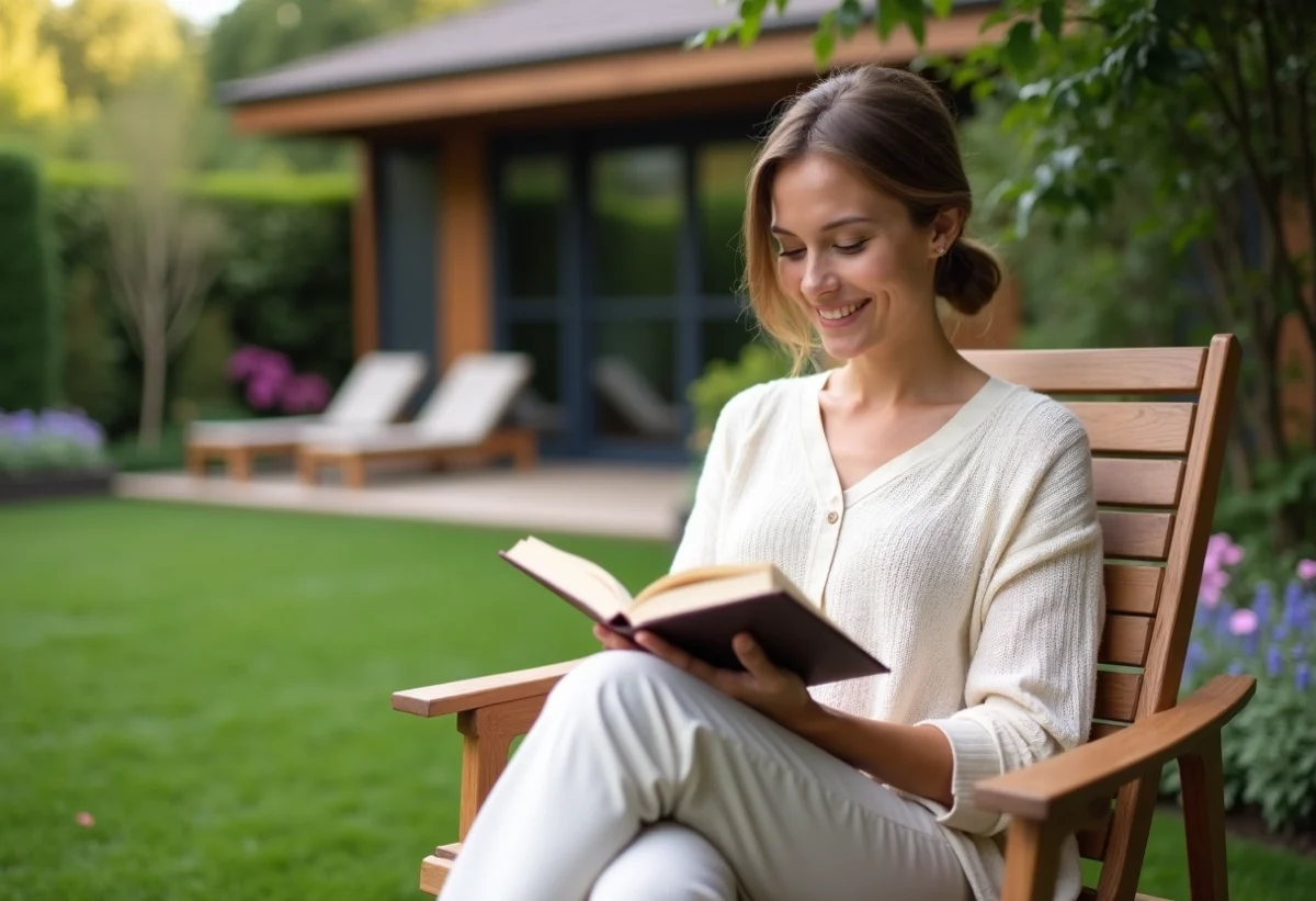 Femme lisant dans un jardin paisible et ensoleille