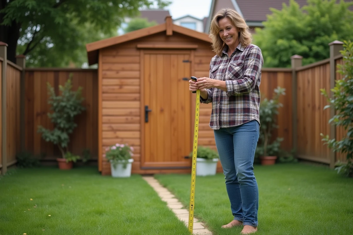 Femme souriante compare espace et abri de jardin en extérieur