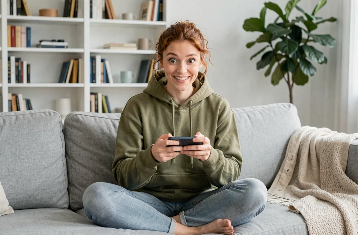 Femme jouant à un mini-jeu sur smartphone inspiré du nain de jardin Google depuis son salon