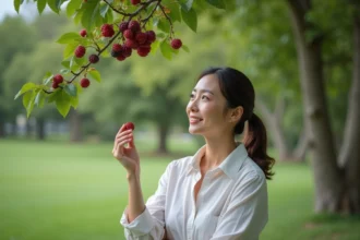 Femme examine des mûres mûres dans un parc naturel