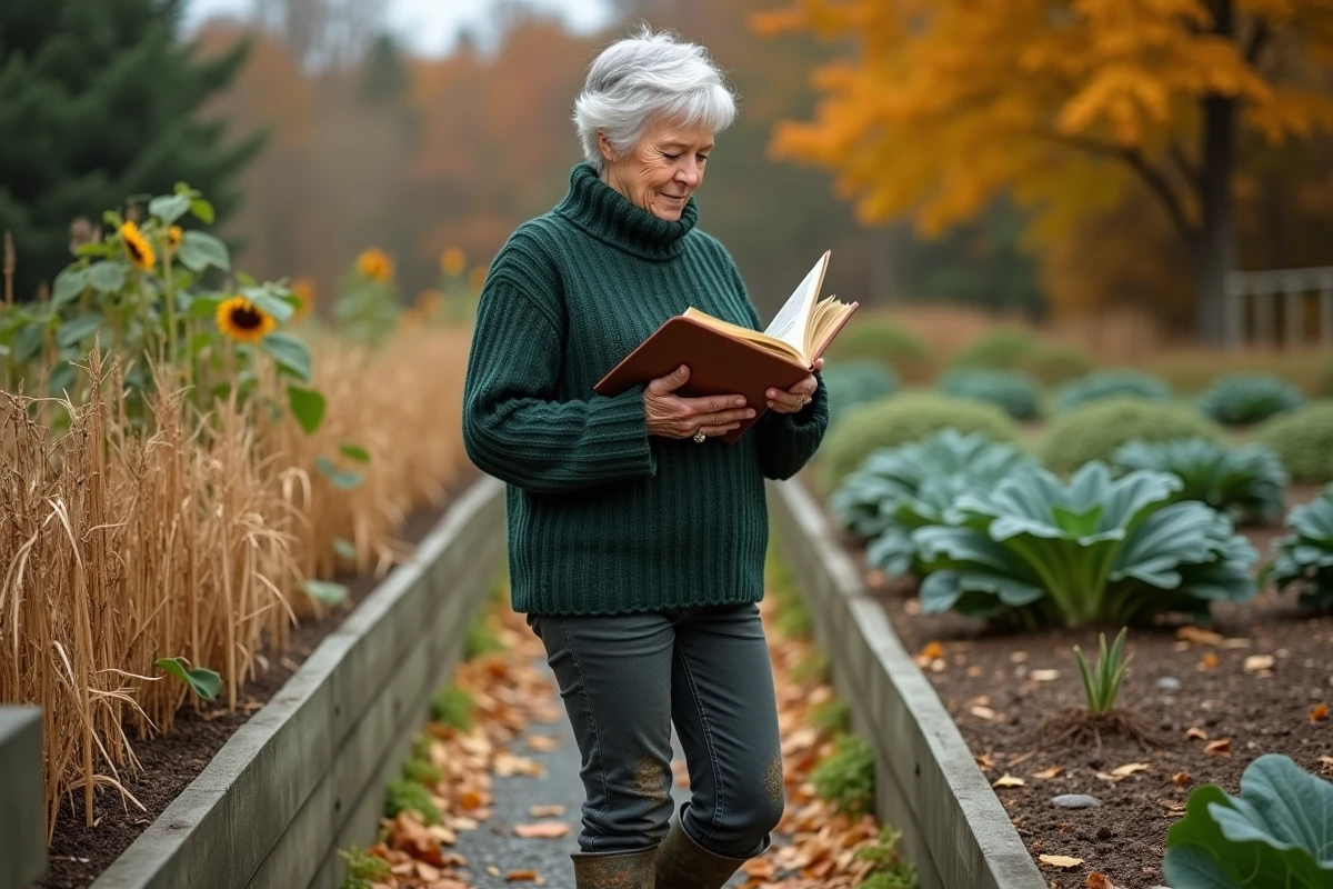 Femme senior appliquant les conseils d'un livre de permaculture dans son potager d'automne avec des légumes d'hiver