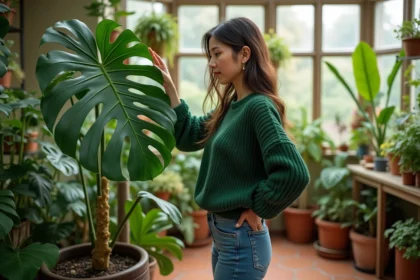 Femme inspectant un grand monstre de la maison