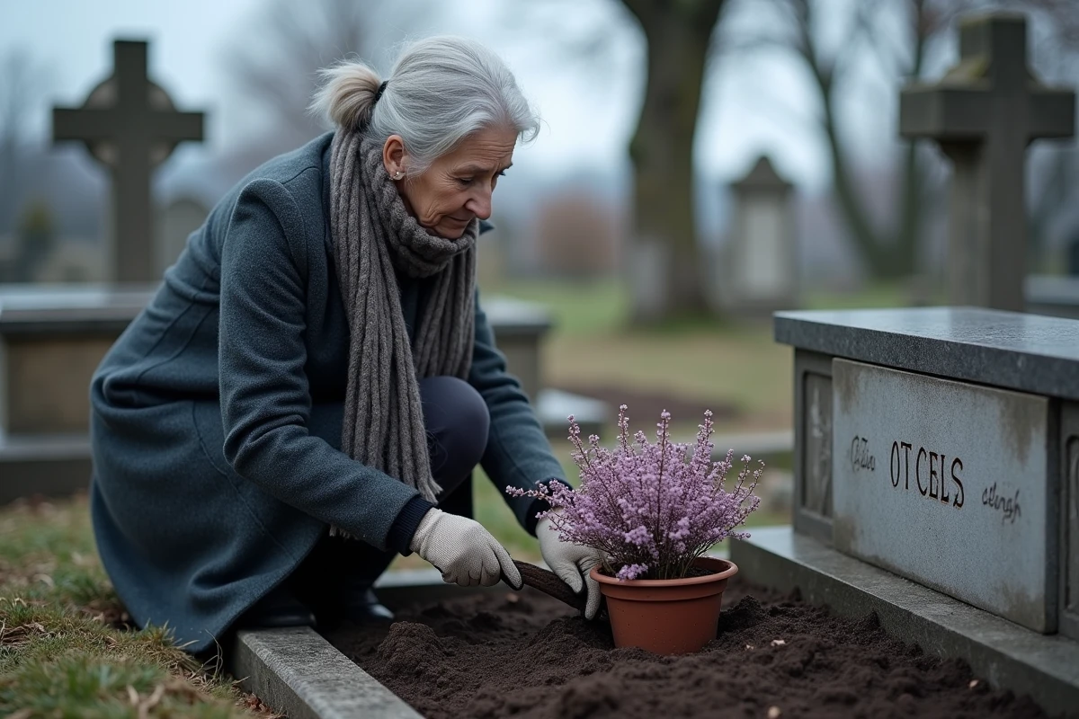 Femme âgée plantant de la bruyère d'hiver sur une tombe de cimetière par temps froid