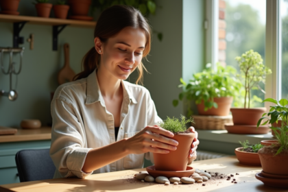 Femme en cuisine posant des pierres dans un pot en terre cuite