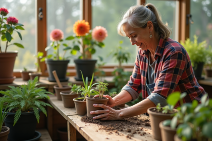 Femme plantant des tubers de dahlia dans une serre lumineuse