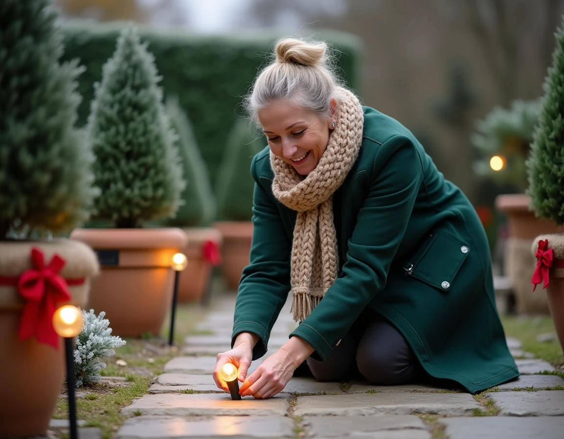 Femme installant des lumières solaires le long d'une allée de jardin pour une décoration de Noël extérieure économique