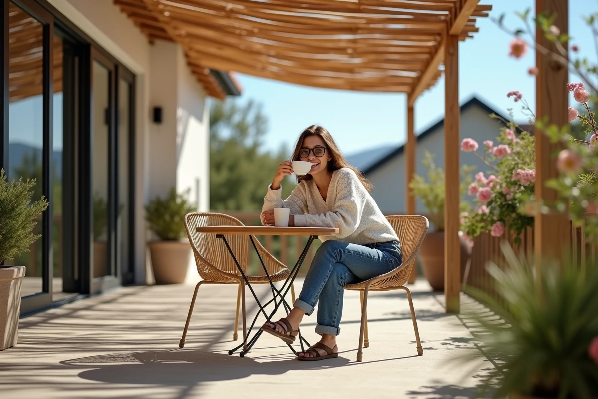 Jeune femme souriante sous une pergola en canisse