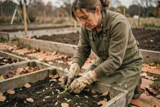 Femme jardinière semant des fèves en automne dans un potager surélevé avec des gants de jardinage
