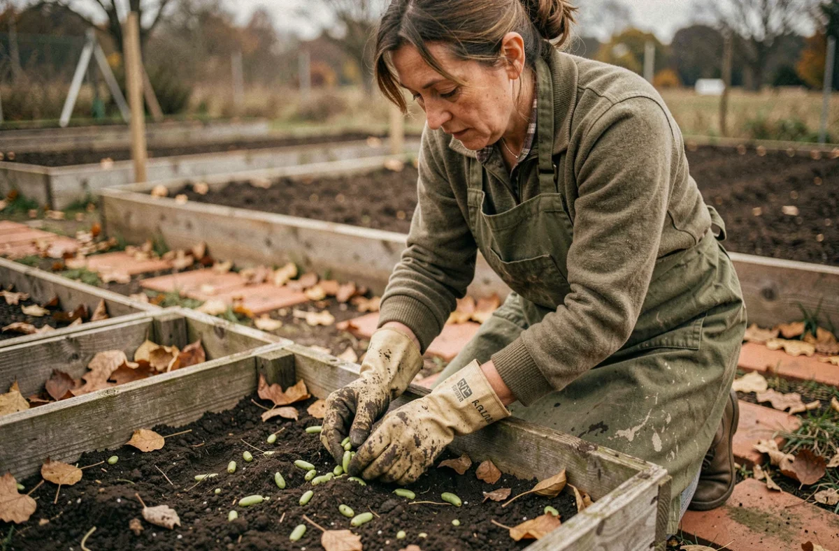 Femme jardinière semant des fèves en automne dans un potager surélevé avec des gants de jardinage