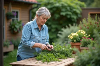 Femme taillant un laurier dans le jardin