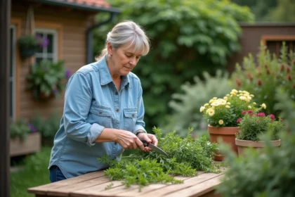Femme taillant un laurier dans le jardin