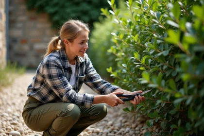 Femme taillant un laurier dans un jardin rural