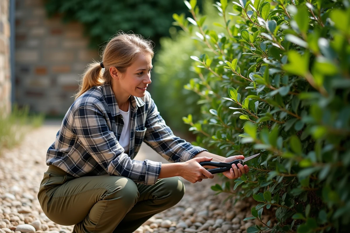 Femme taillant un laurier dans un jardin rural