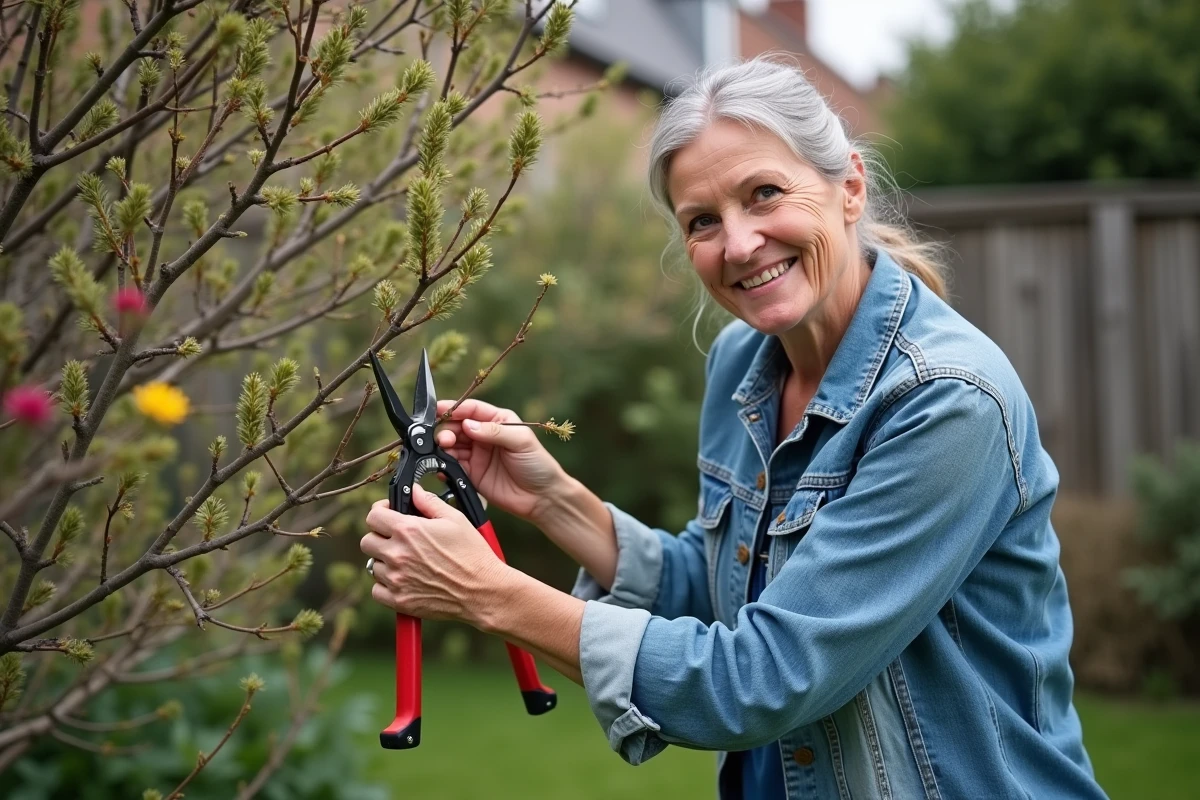 Femme taillant un mimosa au printemps dans son jardin