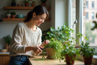 Femme taillant une plante verte dans la cuisine