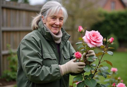 Femme taillant un rosier au printemps dans le jardin