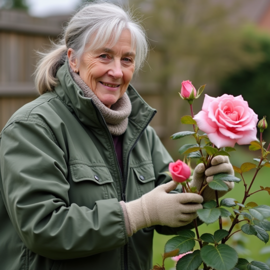 Femme taillant un rosier au printemps dans le jardin