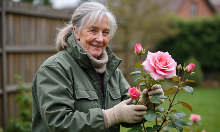 Femme taillant un rosier au printemps dans le jardin