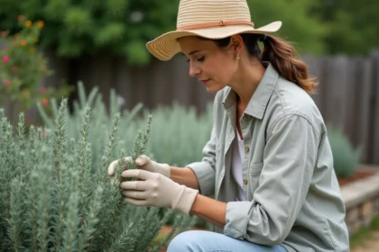 Femme en chapeau de paille taillant une sauge dans son jardin