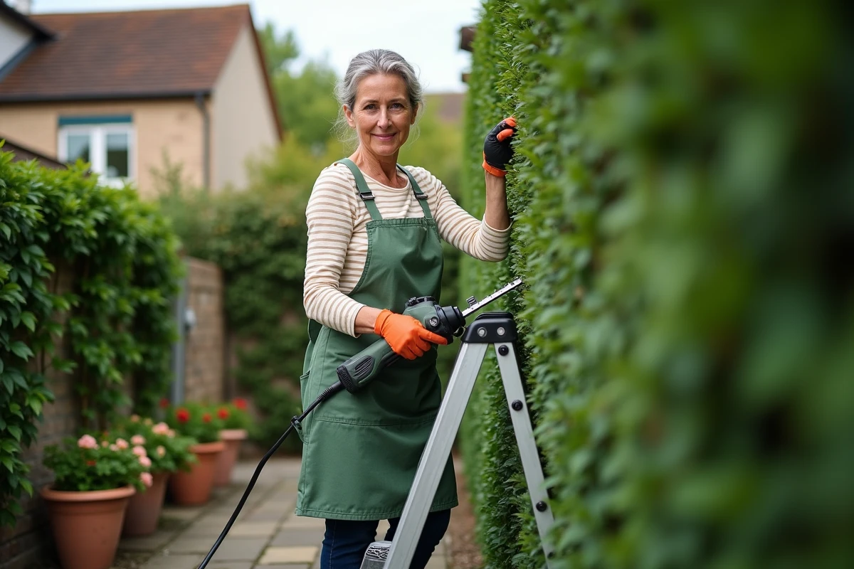 Femme utilisant un taille-haie électrique sur une haie de laurier haute formant une clôture naturelle de jardin
