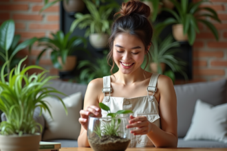 Jeune femme arrangeant des plantes dans un terrarium moderne