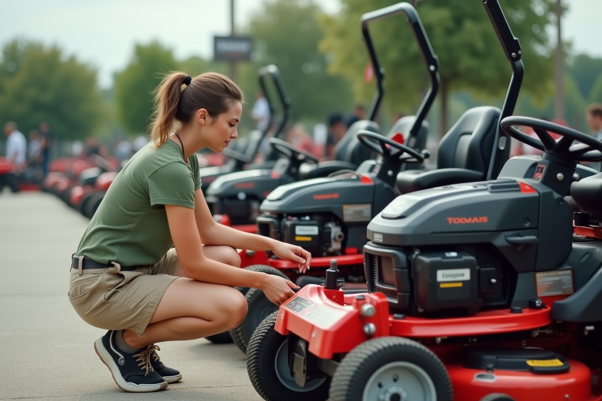 Femme comparant les moteurs de différentes tondeuses à gazon